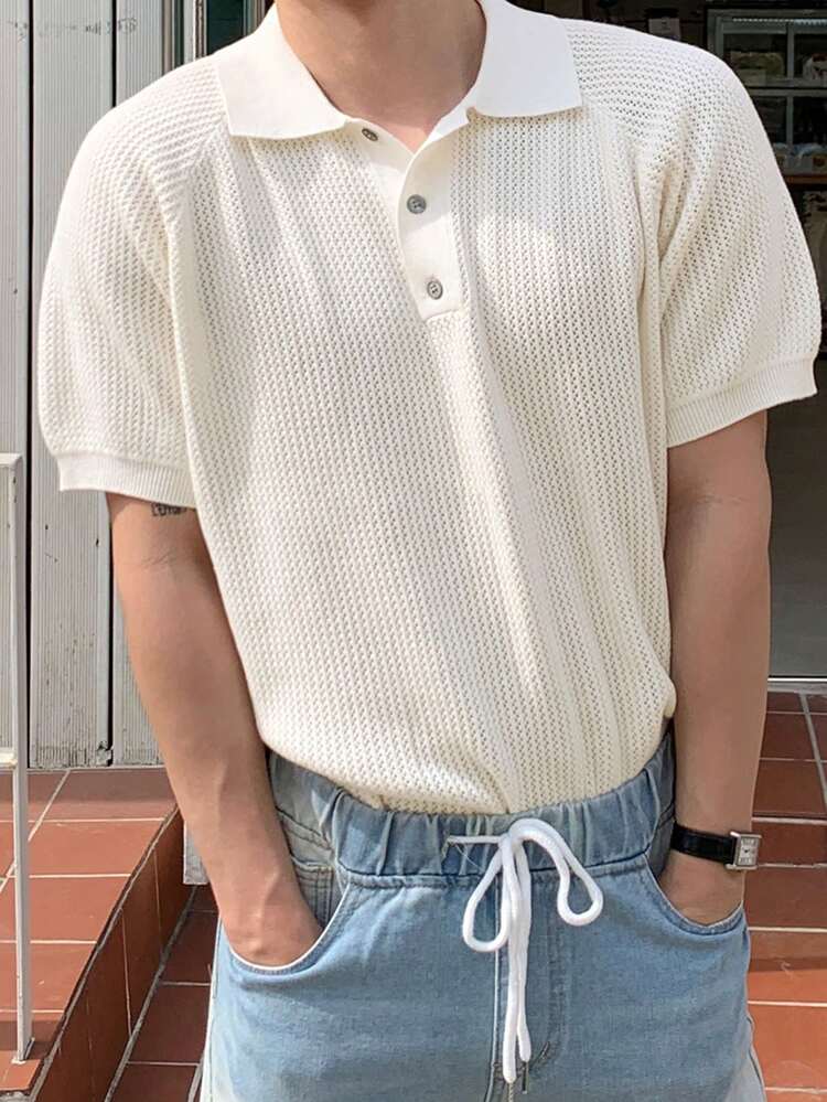 Men's White Polo Collar Knit Top