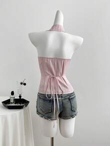 Sweetra Áo sơ mi nữ mùa hè kẻ sọc cổ chữ V, viền bèo nhún phía trước, cài cúc. - Hồng - Xem 2