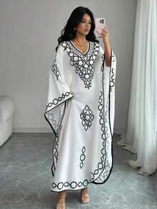 Elenzga Latest Spring & Summer V-Neck Loose Batwing Sleeve Long Dress, Black & White Fashionable Design Sense Dress For Women - Black and White - View 1