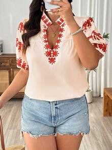 Linhara Plus Size Beige Floral V-Neck Stand Collar Faux Embroidery Short Sleeve Blouse, Women's Summer Boho Vacation Elegant Mexican Cowboy Western Tops - Apricot - View 5
