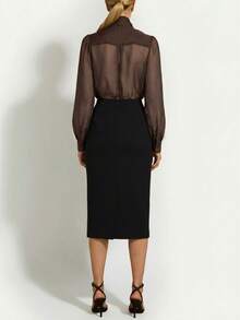 Briarwyn 女士纯色系带领休闲百搭日常长袖上衣棕色女式衬衫优雅薄纱衬衫女士薄纱上衣女士衬衫 - 棕色 - 查看 8