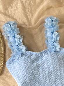 SHEIN Bộ đồ bơi liền thân màu xanh dương họa tiết hoa dễ thương dành cho bé gái tuổi teen, thích hợp cho mùa hè. - Màu xanh lam - Xem 6
