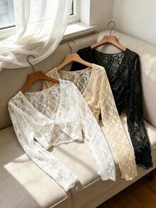 Airaco 女士休闲蕾丝扭结设计长袖上衣 - 彩色 - 查看 2