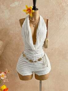 SHEIN BamGlam Bộ jumpsuit nữ mùa hè chất liệu vải xếp nếp, không tay, hở vai, ôm sát, cổ chữ V sâu, gợi cảm, tôn dáng và thời trang; thích hợp cho các bữa tiệc, hẹn hò, ngày Valentine, lễ hội, lễ Phục sinh, các dịp lễ phương Tây, du thuyền, kỳ nghỉ, bãi biển, lễ hội âm nhạc và các kỳ nghỉ theo phong cách Bohemian. - trắng - Xem 3