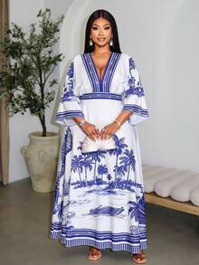 SOLERSUN Robe ample à col V, manches chauve-souris, taille élastique plissée, nœud papillon dans le dos, coupe évasée, imprimé rayures, blocs de couleur bleu, étoile de mer peinte à la main. Convient pour le port quotidien, les sorties décontractées, les rendez-vous, la Saint-Valentin, les voyages, les vacances à la plage, le Nouvel An, les festivals de musique, les carnavals. Style sexy, élégant et bohème pour femmes à la mode. - Bleu azur - Voir 1