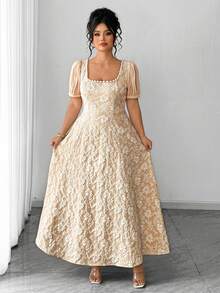 Elenzga Plus Size Women's Summer Fashionable Exquisite Elegant Pearl Texture Jacquard Decor Square Neck Short Sleeve Waist Fit A-Line Dress - Apricot - View 3