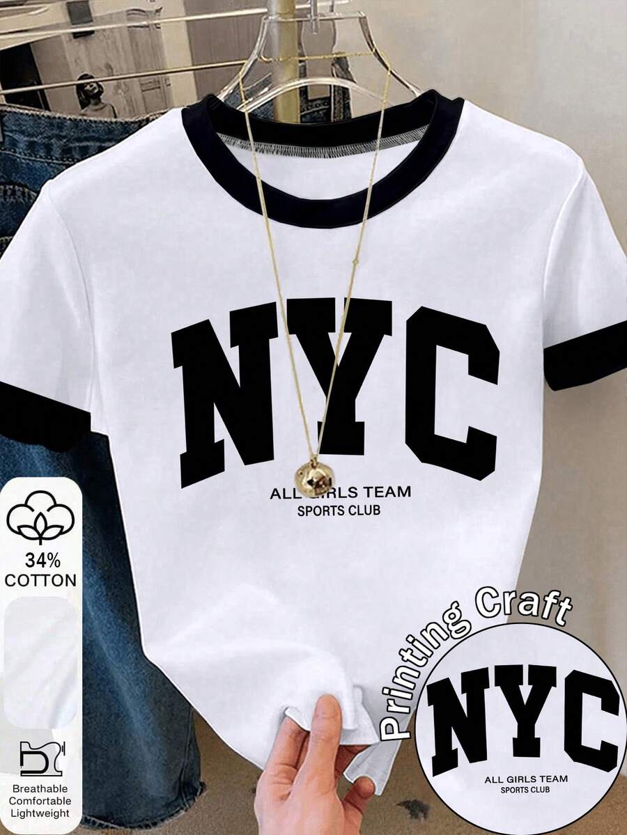 Resyla Women's Letter Print Round Neck Short Sleeve Casual Versatile T-Shirt - Multicolor - View 1