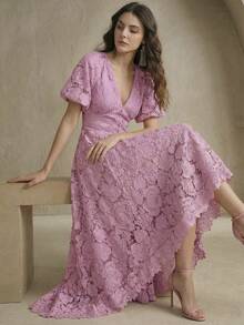 Anewsta Đầm dài mùa hè thanh lịch dành cho nữ, cổ chữ V, tay cánh hoa, thiết kế vạt bất đối xứng, dáng ôm sát, thích hợp cho các bữa tiệc. - Hồng - Xem 1