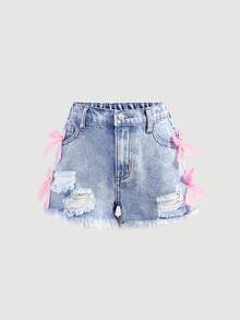 SHEIN Quần short denim nữ thiếu niên Y2K mùa xuân hè, màu xanh nhạt, phong cách casual đa năng, cạp thấp, rách gấu, gấu raw, phong cách boho cho đi biển, nghỉ dưỡng, concert, lễ hội và rave mùa hè - Màu xanh lam - Xem 3