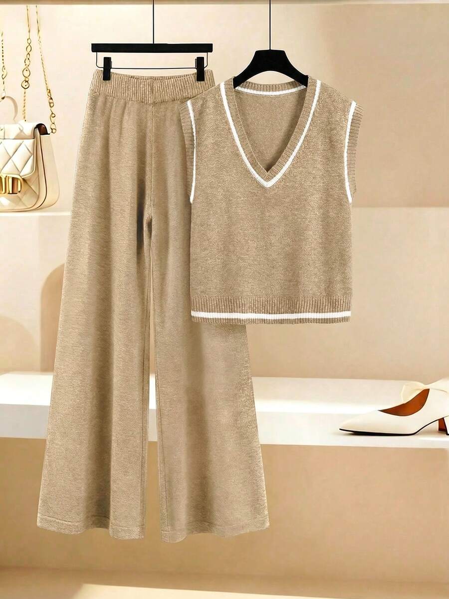 SHEIN Franclia 2-Piece Gray Knit Outfit, Sleeveless Vest And Wide-Leg Pants, Canvas Underarm Bag, Minimalist Artistic Style, Soft Knit Fabric, Relaxed Wide-Leg Pants, Korean Casual Vibe, Simple Commute Outfit, Everyday Wear, Effortless Matching, Slimming, Color Blocking Details For Refined Look, Ladies Sweater Two-Piece Set - Camel - View 1