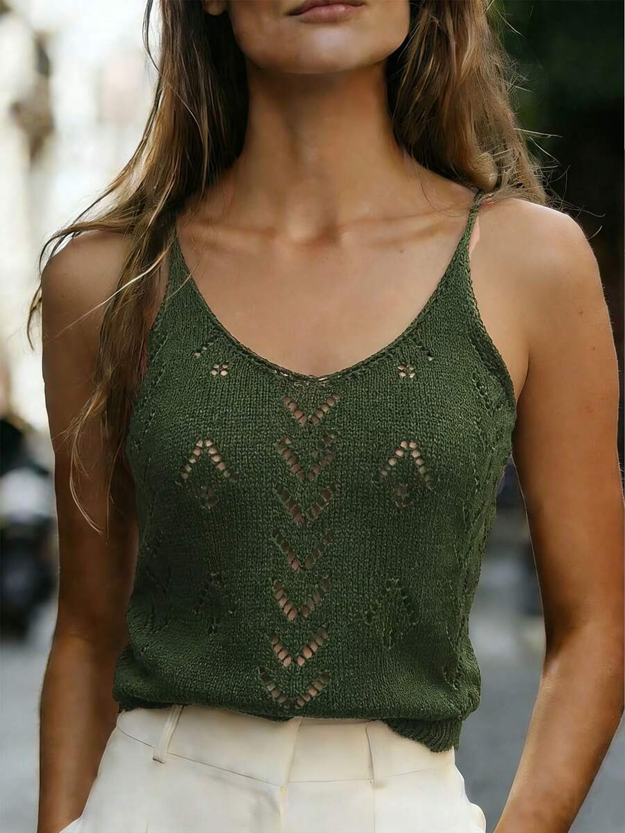 Franclia Women's Hollow Out Design Sheer Casual Beach Knit Top - Army Green - View 1