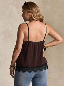 Elegantrix Plus Size Summer Casual Elegant Contrast Lace Camisole - Chocolate Brown - View 2