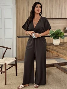 Weeklong Plus Size Women's Spring/Summer Jumpsuit With Pleated Waist, Loose Top And Tight Bottom, Casual Commuter Wear - Brown - View 6