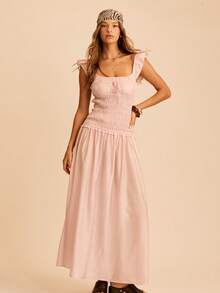 Aralina Robe longue évasée femme à encolure carrée, manches volantées, taille froncée et resserrée à la taille. Robe de mariage pour invitée, robe d'événement, robe de remise des diplômes, robe d'été, couleur rose - Rose pâle - Voir 4