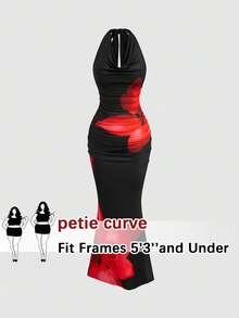 SHEIN PETITE CURVE 大码女式短款复古浪漫度假夏季针织高领印花弹力腰连衣裙，吊带连衣裙，常规鱼尾下摆连衣裙，适合日常外出、返校季、海滩度假、夏季连衣裙 - 彩色 - 查看 1