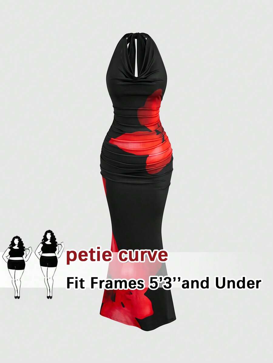 SHEIN PETITE CURVE 大码女式短款复古浪漫度假夏季针织高领印花弹力腰连衣裙,吊带连衣裙,常规鱼尾下摆连衣裙,适合日常外出、返校季、海滩度假、夏季连衣裙 - 彩色 - 查看 1