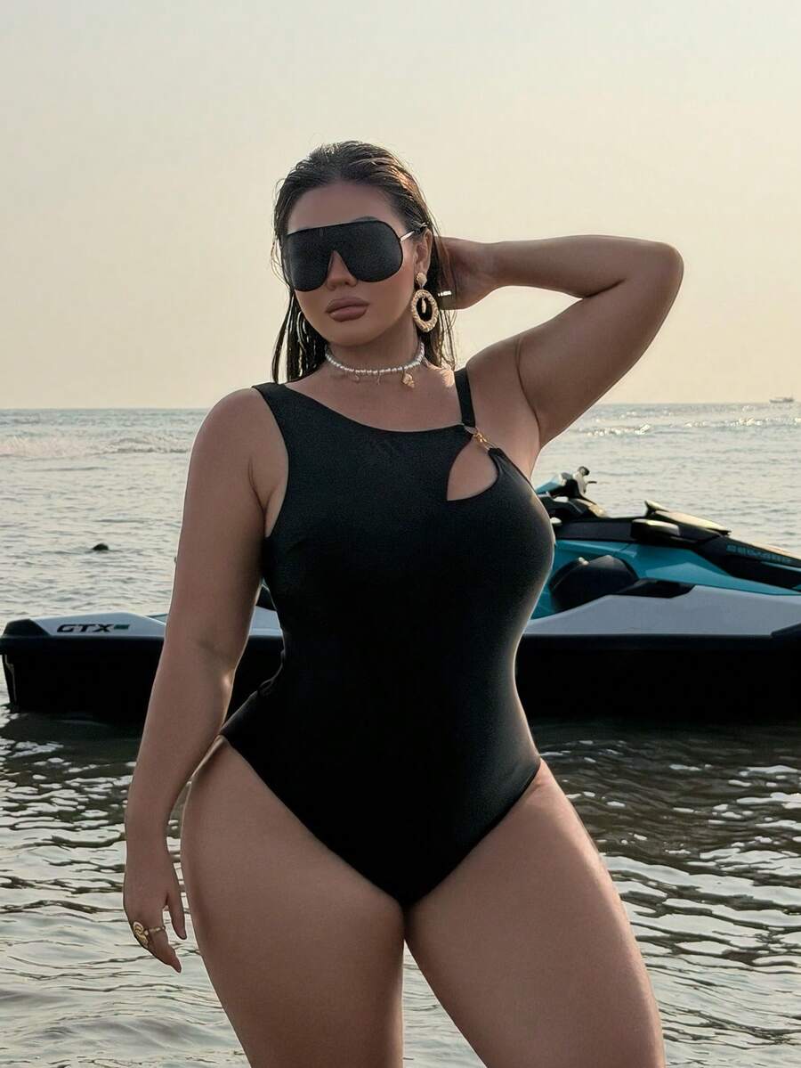 Swim Vcay 大码女式纯色镂空连体泳衣 - 黑色 - 查看 1