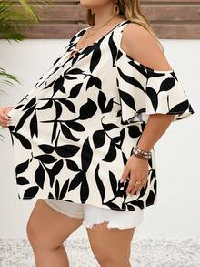 SHEIN CURVE+ 大码女式夏季休闲度假印花露肩舒适透气宽松上衣 - 黑與白 - 查看 7