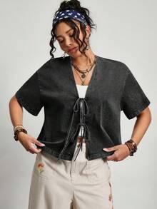 Freevana Plus Size Women Black Summer Boho 1950s Vintage Vacation Washed Front Knot Short Sleeve Shirt Coords Casual Fashionable Daily Commute Pants Top Set - Black - View 3