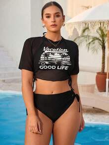 Swim Vcay 加大码三件套热带植物印花罩衫套装，含女士吊带背心和比基尼泳装，适合海滩度假休闲穿着 - 黑與白 - 查看 5