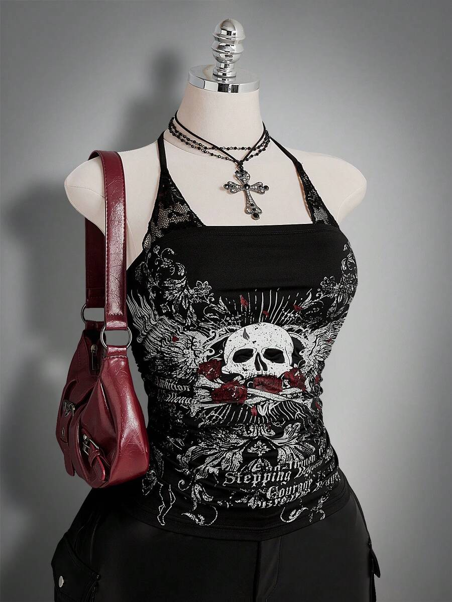 SHEIN ICON 大码女式哥特蕾丝拼接衬衫 - 黑色 - 查看 1