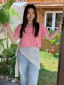 Dazy Plus 不对称蕾丝层叠迷你裙，休闲大码女装，四季皆宜 - 米色 - 查看 6