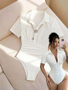 Selianne 女士复古性感连体衣，修身显瘦，优雅高端舒适百搭白色连体衣 - 白色 - 查看 1