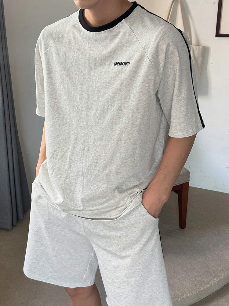 Light Grey & Black Short Sleeve Matching Shorts Men's Pajama Set, Summer
