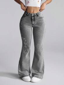 Selenza Women's High Waist Floral Embroidered Pocket Flare Casual Jeans - Light Grey - View 5