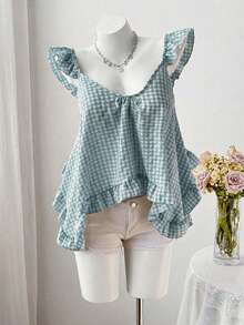 Sweetra Summer New Pink Plaid Asymmetrical Ruffle Design Fashionable Sleeveless Camisole - Baby Blue - View 4