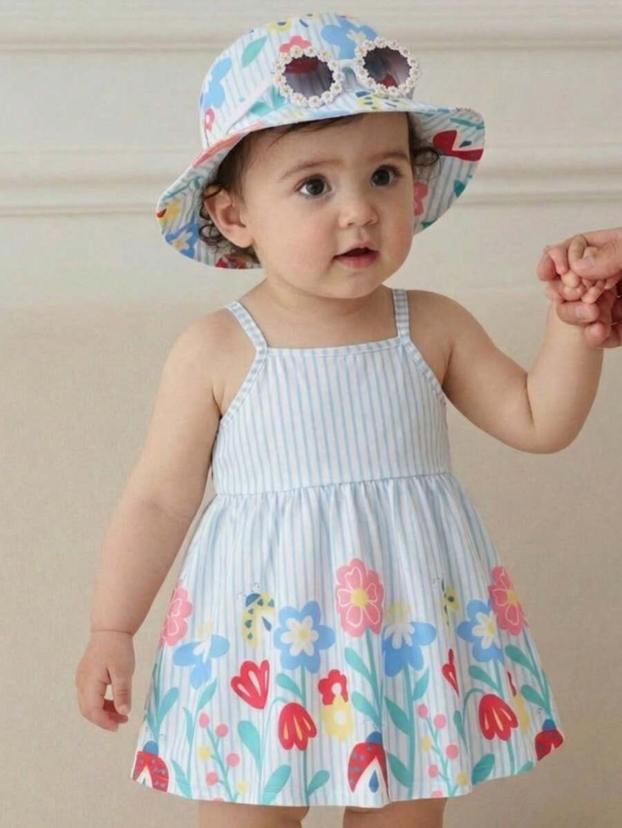 2件套女婴蓝白条纹碎花吊带连衣裙+遮阳帽，幼儿可爱碎花A字连衣裙套装，适合夏季外出 - 彩色 - 查看 1