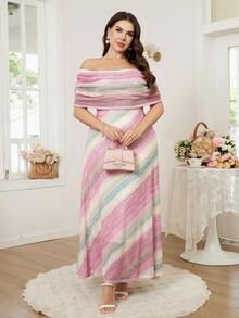 Reflora Đầm lệch vai kẻ sọc thanh lịch tối giản dành cho nữ cỡ lớn - Nhiều màu - Xem 4