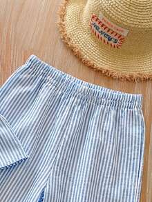 SHEIN LMoss Kids LMoss Babyflickor Sommar Söt Randig Linne Och Resårmidja Byxor 2 Delat Set - Multifärgad - Visa 9