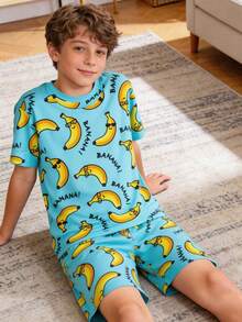SHEIN Kids/Tween Boy Snug Fit Cartoon Banana Print Casual Minimalist Comfortable Round Neck Short Sleeve Shorts Pajama Set, Suitable For Spring/Summer - Green - View 1