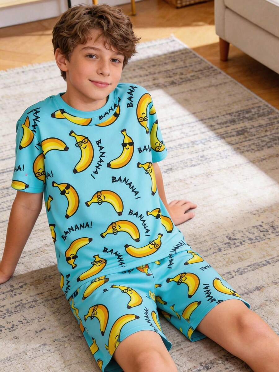 SHEIN Kids/Tween Boy Snug Fit Cartoon Banana Print Casual Minimalist Comfortable Round Neck Short Sleeve Shorts Pajama Set, Suitable For Spring/Summer - Green - View 1