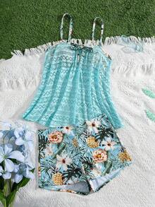 Swim Lushoire New Plus Size Women's Colorful Print Spaghetti Strap Top And High Waisted Shorts 2-Piece Swimwear, Vacation Casual - Blue - View 8