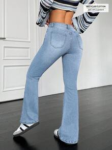 SHEIN PETITE Women's Casual Washed Flared Jeans With Slant Pockets, Autumn - Blue - View 5