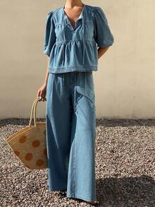 DAZY 女士休闲花瓣袖上衣和牛仔裙套装，夏季度假装 - 中等水洗藍 - 查看 7