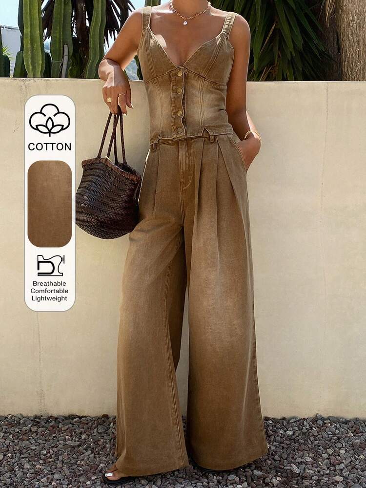 Women's Casual Washed Brown V-Neck Top And Denim Pants Suit, Summer Holiday Outfit
