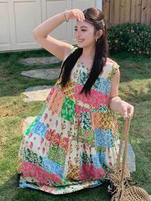 Dazy Plus 无袖碎花拼接宽松度假风休闲连衣裙，适合女孩、大码女性，春夏夏季连衣裙 - 彩色 - 查看 7