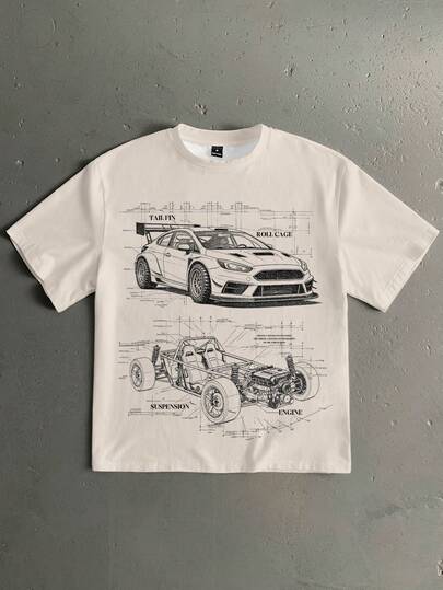 StoneGrade 赛车零件拆卸图案印花宽松短袖T恤，时尚休闲，适合约会和聚会穿着，也可作为送给男友的礼物。
