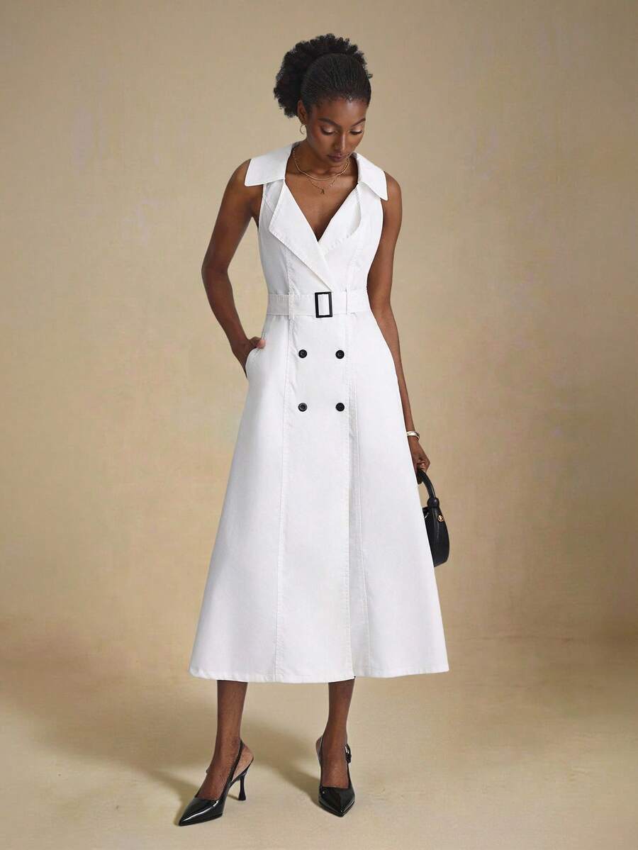SHEIN Unity Vestido de mezclilla sin mangas de solapa y doble botonadura, casual, versátil y elegante para mujer - Azul - Ver 1