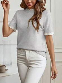 Áo len tay ngắn cổ tròn màu mơ thanh lịch, viền ren, thích hợp mặc đi làm, ở nhà và mặc hàng ngày, mùa xuân/hè. - Xám - Xem 5