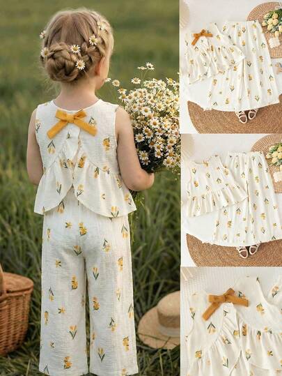 SHEIN LMoss Kids 女童纯色针织宽松休闲圆领上衣和裤子套装，夏季