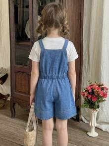 少女休闲牛仔背带裤和连体裤，新款简约百搭破洞浅蓝色水洗牛仔背带短裤 - 藍色 - 查看 2