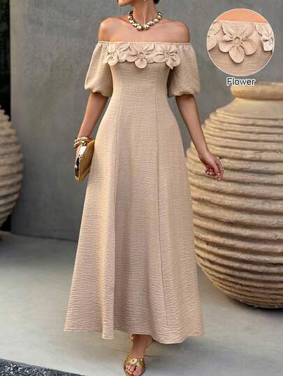 Selianne 女士3D立体花卉装饰露肩泡泡袖A字型长款连衣裙，春夏休闲度假装