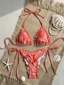 Swim Mod 两件套随机印花荷叶边挂脖三角比基尼上衣和侧系带泳裤性感泳装套装，春夏女士比基尼套装，波西米亚风比基尼套装，科切拉音乐节比基尼套装，泳装度假套装，女士比基尼套装，女士泳衣套装，荷叶边比基尼两件套泳装，橙色Zestiva泳装，拉链上衣斑马纹比基尼，一口价女士泳装，斑马纹比基尼套装，Yummy Control泳装 - 彩色 - 查看 2