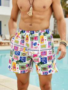 Azuldrift Pantalones cortos de playa casuales con estampado de todo el Body y cordón en la cintura para hombres - Azul y blanco - Ver 7