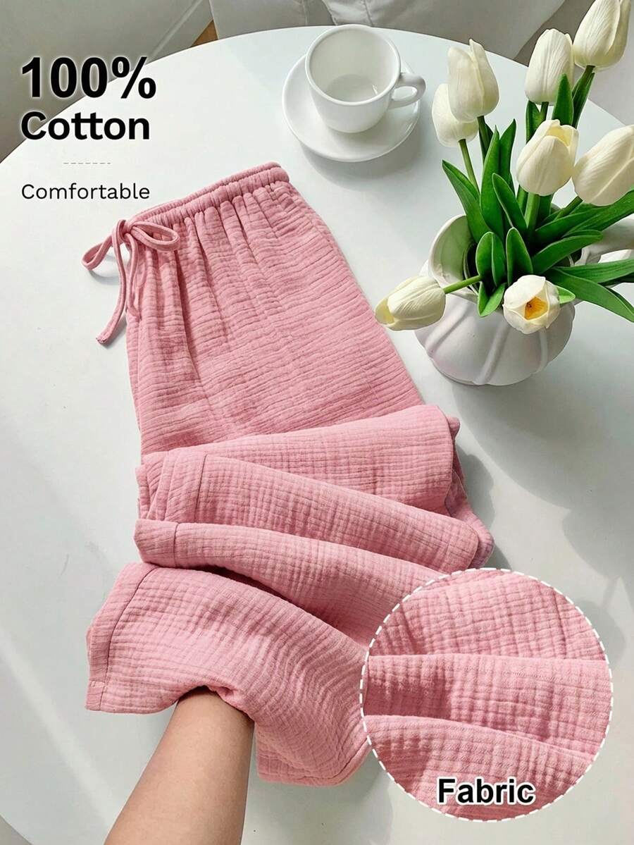 Comfortcana Pantalones casuales de talla grande para mujer con textura de unicolor y cintura con cordón - Rosa vieja - Ver 1
