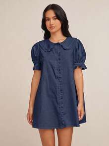 2026 Vestido bohemio mini de línea A con manga corta abullonada, cuello con volantes, abotonado, 100% algodón, para rodeo de Nashville, vacaciones, lindo atuendo para brunch - Azul marino - Ver 4